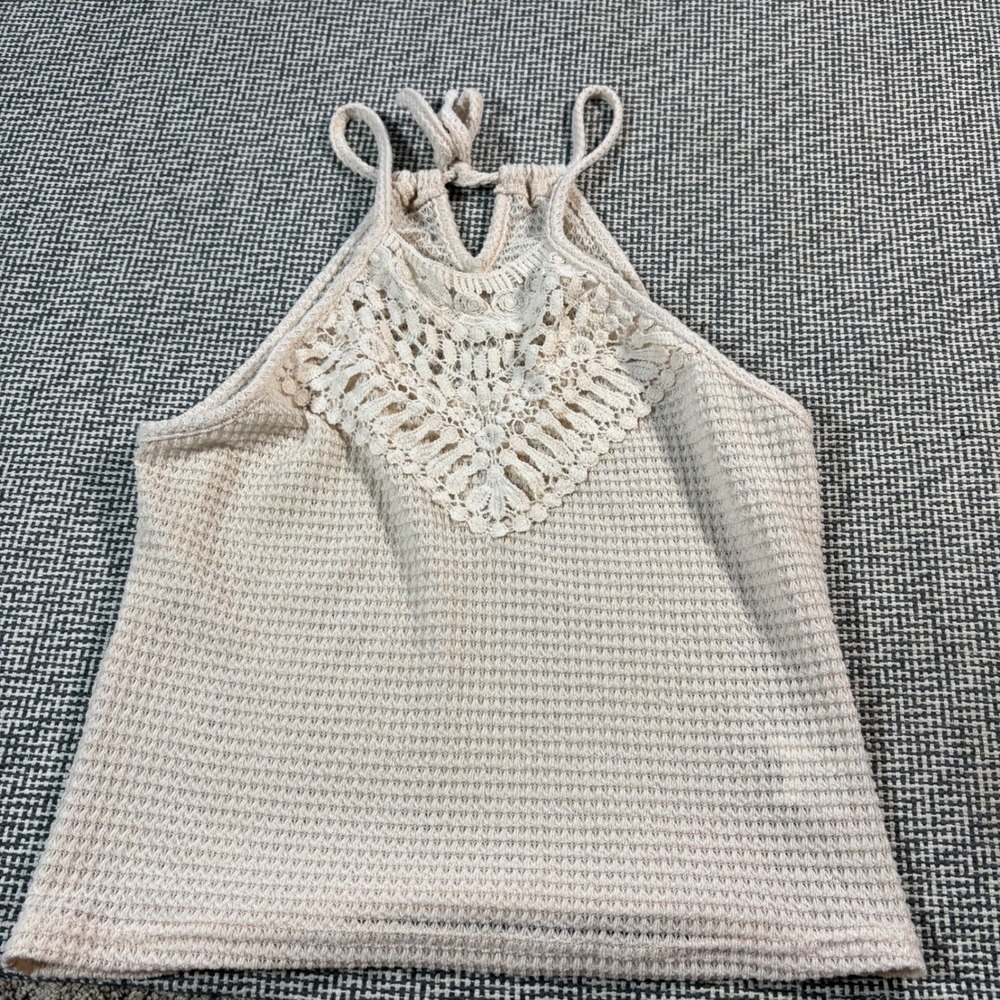 SHEIN Cream Waffle Knit Halter Top Crochet Lace Bib Boho Tank Size L 8/10